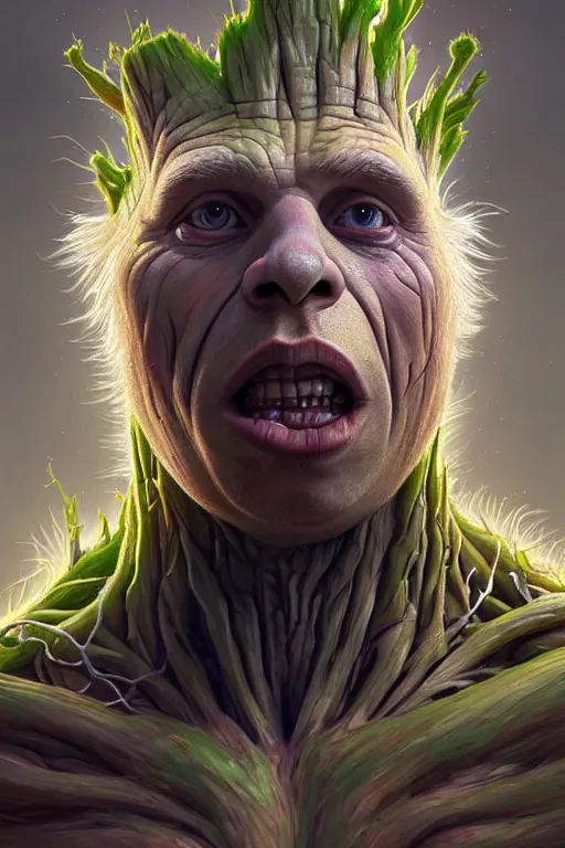 Image similar to Boris Johnson as Groot, realistic portrait, symmetrical, highly detailed, digital painting, artstation, concept art, smooth, sharp focus, illustration, cinematic lighting, art by artgerm and greg rutkowski and alphonse mucha