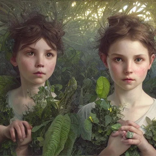 Prompt: portrait painting of green children of woolpit, ultra realistic, concept art, intricate details, eerie, highly detailed, photorealistic, octane render, 8 k, unreal engine. art by artgerm and greg rutkowski and alphonse mucha