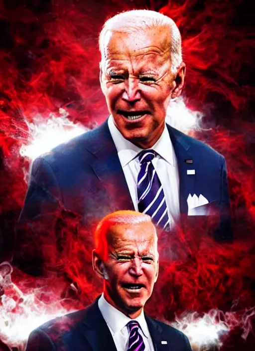 Image similar to hyper realistic photo towering angry wrathful furious glowing red eyes biden