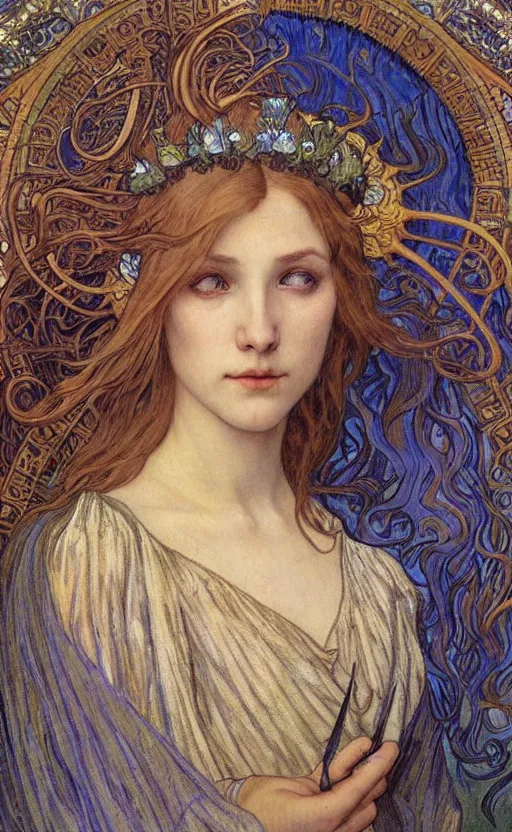 Image similar to detailed realistic beautiful young medieval queen face portrait by jean delville, alphonse mucha, vincent van gogh, and marco mazzoni, art nouveau, symbolist, visionary, gothic, pre - raphaelite