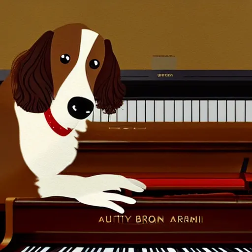 Image similar to a brown spaniel with a white chest playing a piano, Martini on the side. Artwork adult swim style, no text