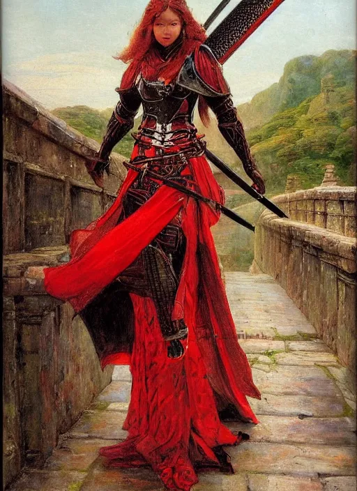 Prompt: woman in dark and red princess dragon armor, she is holding a katana sword, walking on an ancient bridge next toa waterway. by william henry hunt