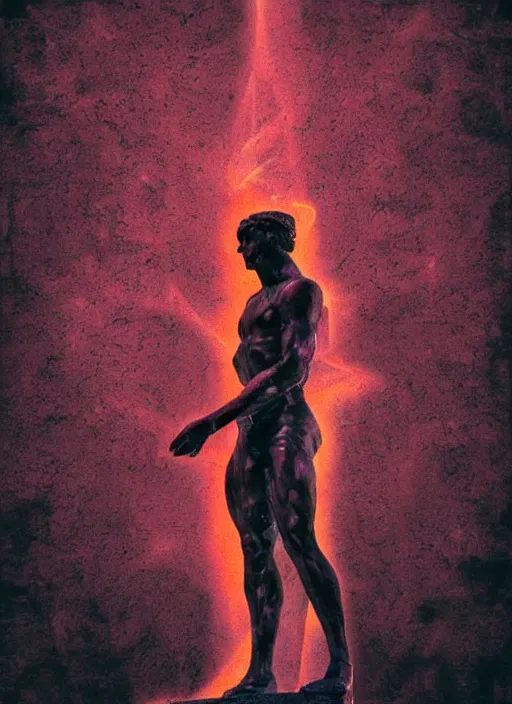 Image similar to dark design poster showing a statue of apollo, black background with very subtle red and purple design elements, powerful, nekro, vito acconci, thin straight lines, dark, glitch art, neo vaporwave, gritty, layout frame, square, trending on artstation