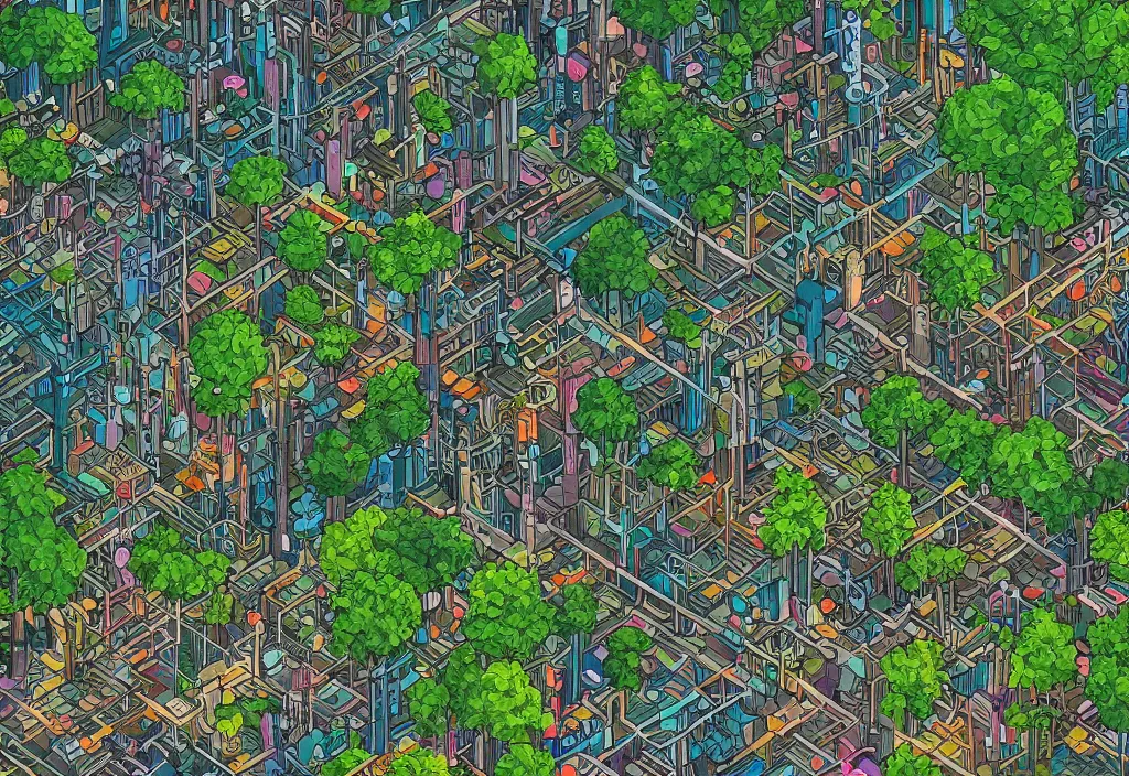 Prompt: biopunk city with a very high tree with leaves that has people connected to it by Dan Mumford, Trending on artstation, 4k