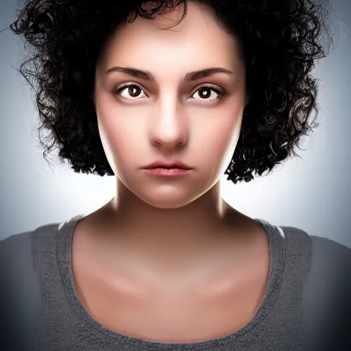 Image similar to portrait of a young lady with curly black hair with, round face, big brown eyes, volumetric lighting,