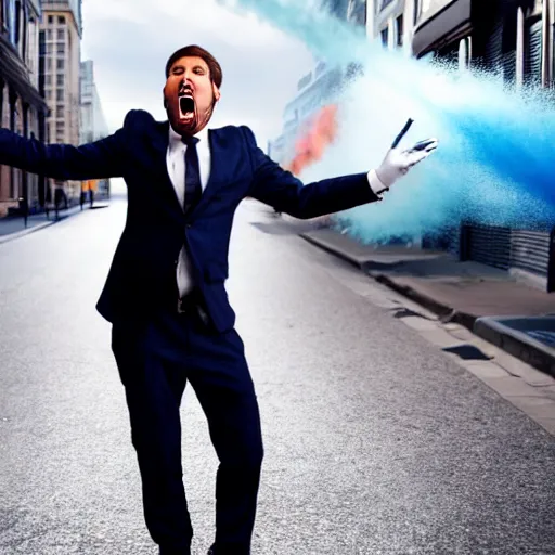 Image similar to businessman in a suit with his trousers down, holding a graffiti spray can, and screaming like a maniac in a busy city street