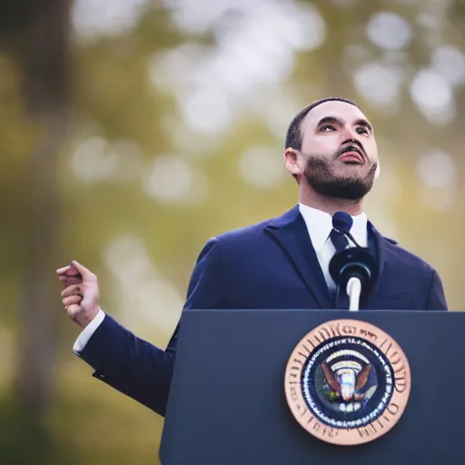 Image similar to a fox animal dressed in a suit giving a presidential speech, 8 5 mm f / 1. 4