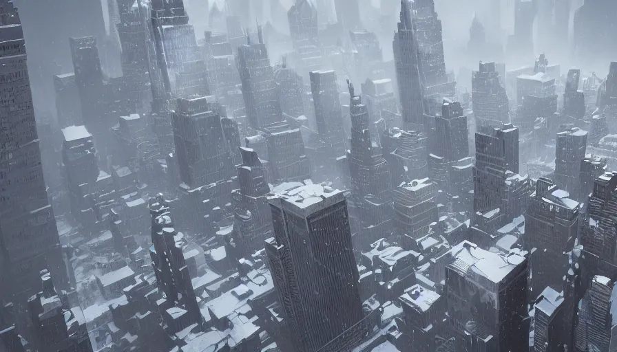 Prompt: New York City covered by ton of snow, wide view, volumetric light, hyperdetailed, artstation, cgsociety, 8k