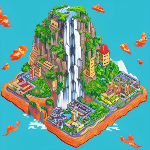 Image similar to isometric fantasy art of a giant waterfall city with tall skybridges and turrets, bold colors, detailed, by studio ghibli