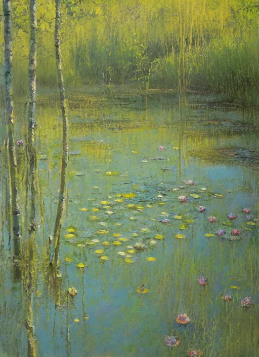 Image similar to painting of a beautiful nymph wading knee height in a shallow pond, obscured by water lilies, aspen grove in the background, by Jeremy Mann, stylized, detailed, loose brush strokes, pastel colors, green and yellow tones