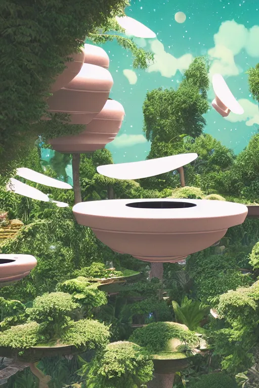 Image similar to multi level botanical garden spaceship floating in space, calm, tranquil, faded effect, detailed, vaporwave colors, render by substance designer