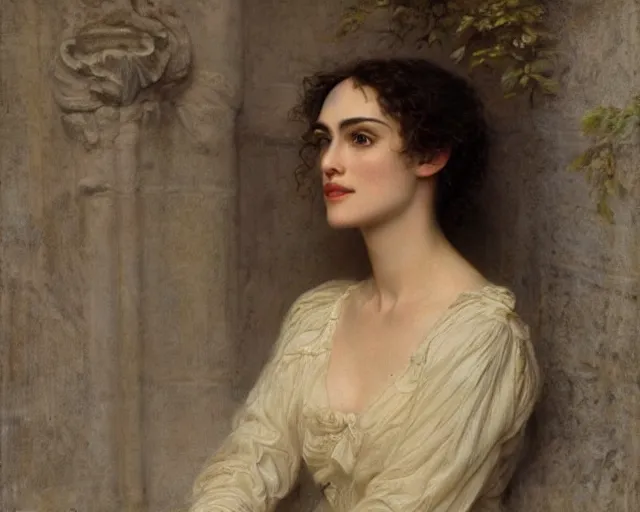 Image similar to portrait en buste of winona ryder kiera knightley in repose by Hughes Merle, by Pierre Auguste Cot, perfect detailed eyes, realistic fabric, abundant detail, kiera knightley