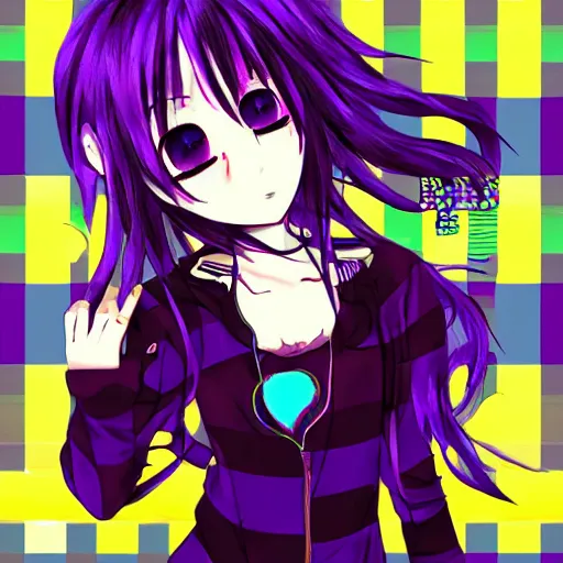 Image similar to emo anime girl, scene, rainbowcore, vhs monster high, glitchcore witchcore, checkered spiked hair, pixiv