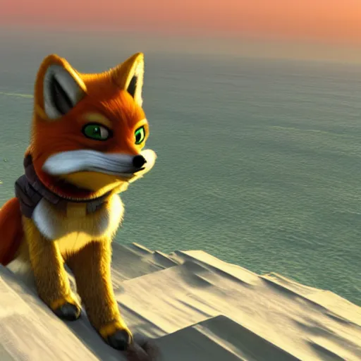 Image similar to high quality photo of star fox, fox mccloud, looking out at the ocean at sunset realism 8k award winning photo