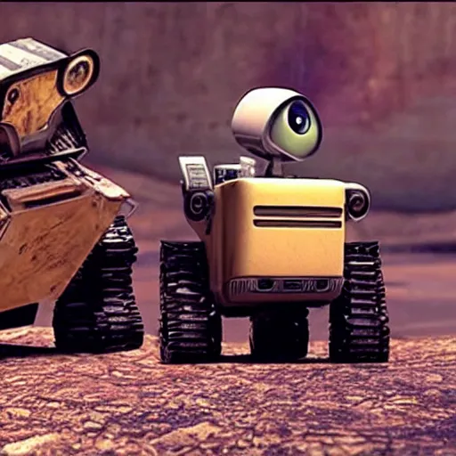 Prompt: WALL-E reuniting with Eve