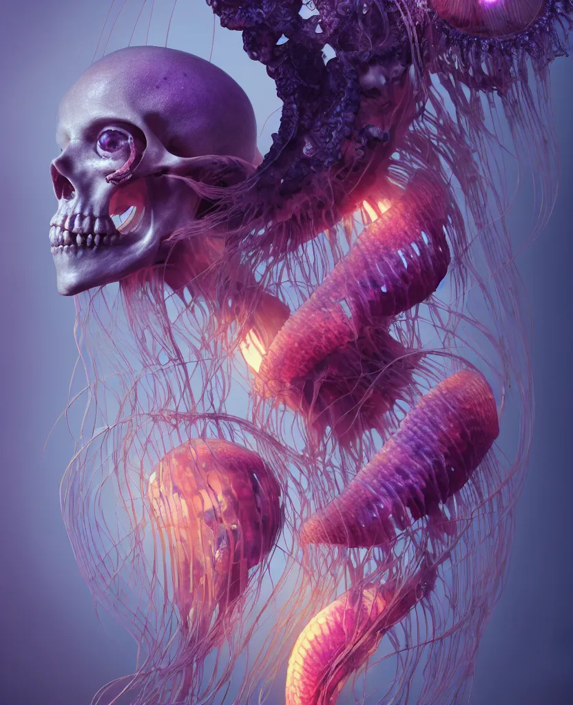 Image similar to goddess close - up portrait human skeleton, ram skull, jellyfish, orchid, betta fish, bioluminiscent, intricate artwork by tooth wu and wlop and beeple. octane render, trending on artstation, greg rutkowski very coherent symmetrical artwork. cinematic, hyper realism, high detail, octane render, 8 k