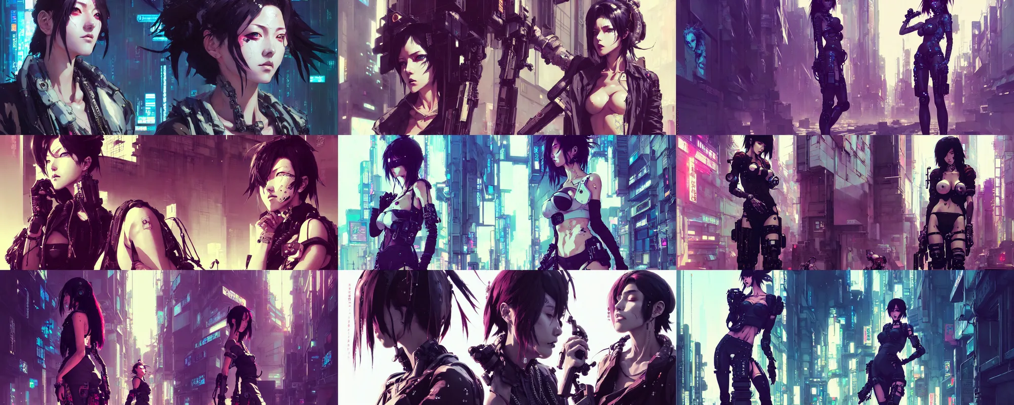 Prompt: hyper - realistic cyberpunk portrait of beautiful! anime woman standing on street, extreme detail, alluring, in style of yoji shinkawa, pan ren wei, col price, atey ghailan, by greg rutkowski, by greg tocchini, by james gilleard, by joe fenton, by kaethe butcher, grunge aesthetic