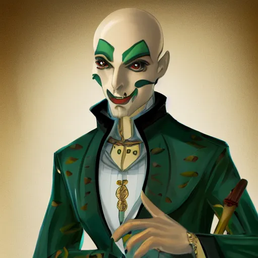 Prompt: male yuan - ti, elegant, bard, d & d, butler, monocle, green eye, fantasy, portrait