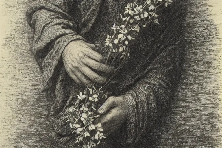 Image similar to close-up flower in hands, soft light, Gustave Dore lithography