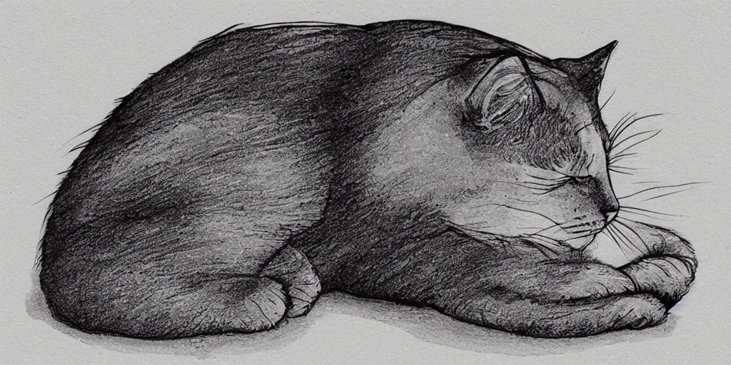 Image similar to ink lineart drawing of a sleeping cat, white background, etchings by goya, chinese brush pen illustration, high contrast, deep black tones, contour