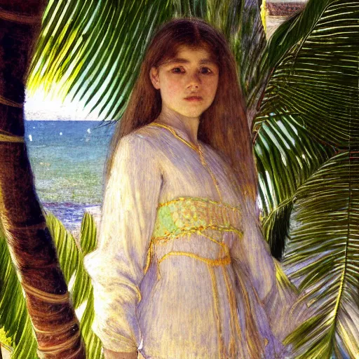 Image similar to a ultradetailed beautiful painting of a girl in the amazonas palace designed by jules bastien - lepage, hans belmer, frank weston and gustave baumann, beach, trending on artstation, mediterranean, palm trees, refracted color sparkles, sharp focus, soft light, 8 k 4 k