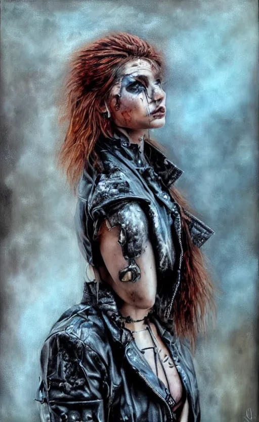 Prompt: acid rain effect, punk rock girl, mad max jacket, post apocalyptic, renaissance, cables on her body, hyper realistic style, oil painting, fantasy by Olga Fedorova