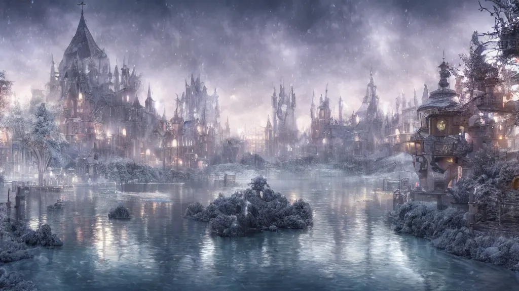 Prompt: a snow white city surrounded by a lake of holy water, fantasy artwork, very very very beautiful scenery, hd, hdr, ue5, ue6, unreal engine 5, cinematic 4k wallpaper, 8k, ultra detailed, high resolution, artstation, award winning