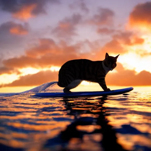 Prompt: a cat that is on a surfboard in the sea in Hawaii during golden hour, epic lighting