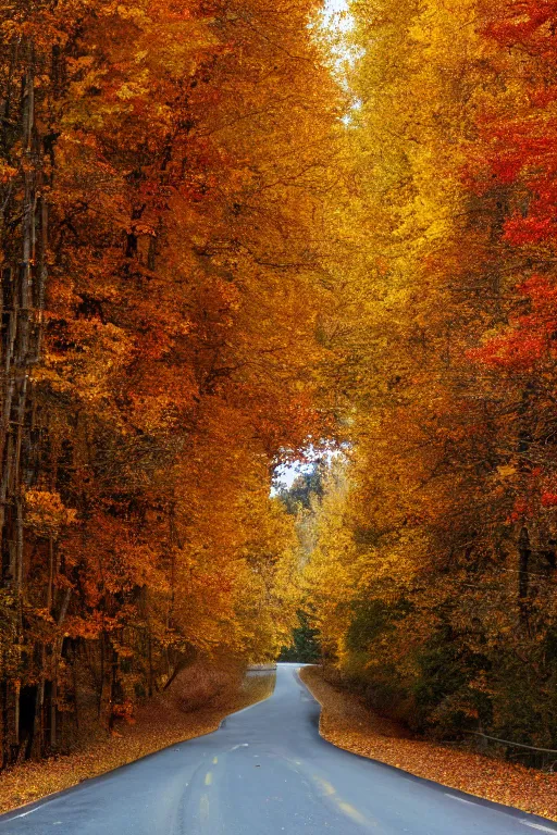 Prompt: photograph of a country road lined on both sides by maple and poplar trees, in the autumn, red orange and yellow leaves, some leaves have fallen and are under the trees and on the road