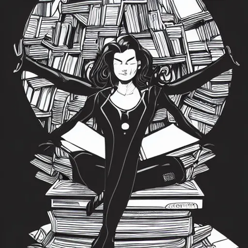 Image similar to clean simple line art of a woman sitting on top of a tall pile of books. white background. well composed, clean black and white line drawing, beautiful detailed face. illustration by josan gonzalez and steve ditko and greg rutkowski