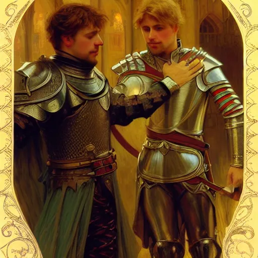 Image similar to attractive arthur pendragon and his attractive male knight, they are in love, natural lighting, path traced, highly detailed, high quality, digital painting, by gaston bussiere, craig mullins, alphonse mucha j. c. leyendecker