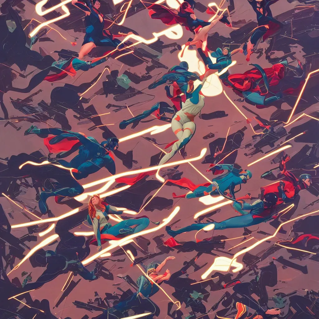 Image similar to Joshua Middleton comic art, superheroes flying in the sky fighting, shooting neon lasers at each other from their hands, 8K, hyper detailed, full body heroes, city landscape urban background, damage and destruction