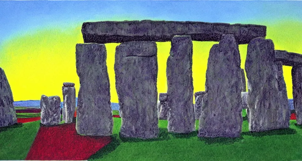 Image similar to color sketch of stonehenge, highly detailed, dramatic lighting, intense shadows, rich deep colours, by david hockney