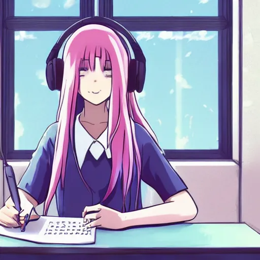 Image similar to high definition anime portrait of an anime girl with pastel colored hair sitting at a desk studying with headphones on, background is a window looking out into a busy Tokyo district, lo-fi art, by Studio Ghibli, trending on artstation, sharp high quality anime, digital art, photoshop, proportionate, ambient lighting