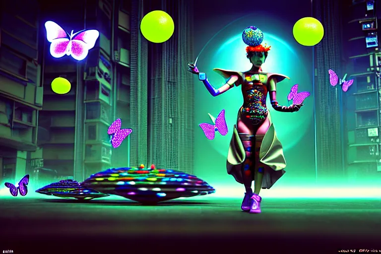 Prompt: 3 d render of a cyborg pixie monk jester roaming a futuristic japanese cyberpunk bladerunner cyber landscape with orbs and donuts against a psychedelic surreal background with 3 d butterflies and 3 d flowers n the style of 1 9 9 0's cg graphics 3 d rendered y 2 k aesthetic by ichiro tanida, 3 do magazine, wide shot