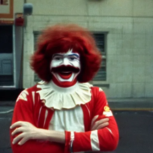 Prompt: a film still from a gritty 1 9 7 0 s martin scorsese movie about ronald mcdonald. realism. 4 k. 8 mm. grainy. panavision.