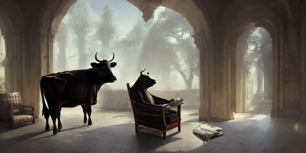 Image similar to a cow in a luxury chair reading the newspaper, digital art, landscape, fantasy art, octane render, ureal engine, high detail, very realistic, by greg rutkowski. by james gurney