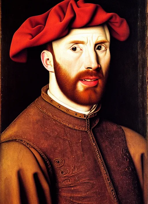 Image similar to portrait of chris evans, oil painting by jan van eyck, northern renaissance art, oil on canvas, wet - on - wet technique, realistic, expressive emotions, intricate textures, illusionistic detail