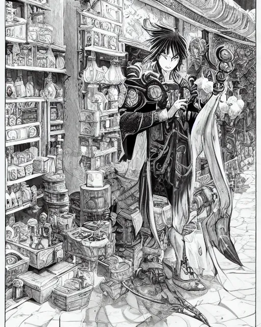 Image similar to A merchant selling treasuries and potions, high detailed store, black and white, fantasy art, in the style of masami kurumada, illustration, epic, fantasy, intricate, hyper detailed, artstation, concept art, smooth, sharp focus, ray tracing