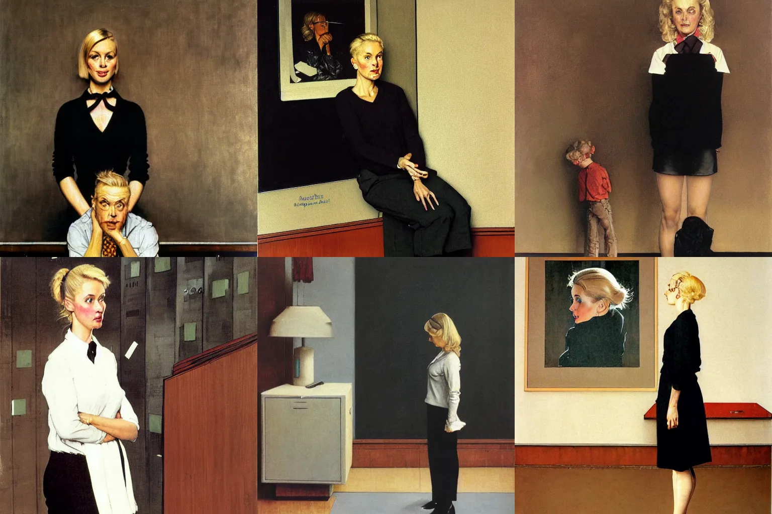Prompt: A blonde woman in a black sweater over a white shirt and tie stands emotionless in a brutalist room. Painting by Norman Rockwell.