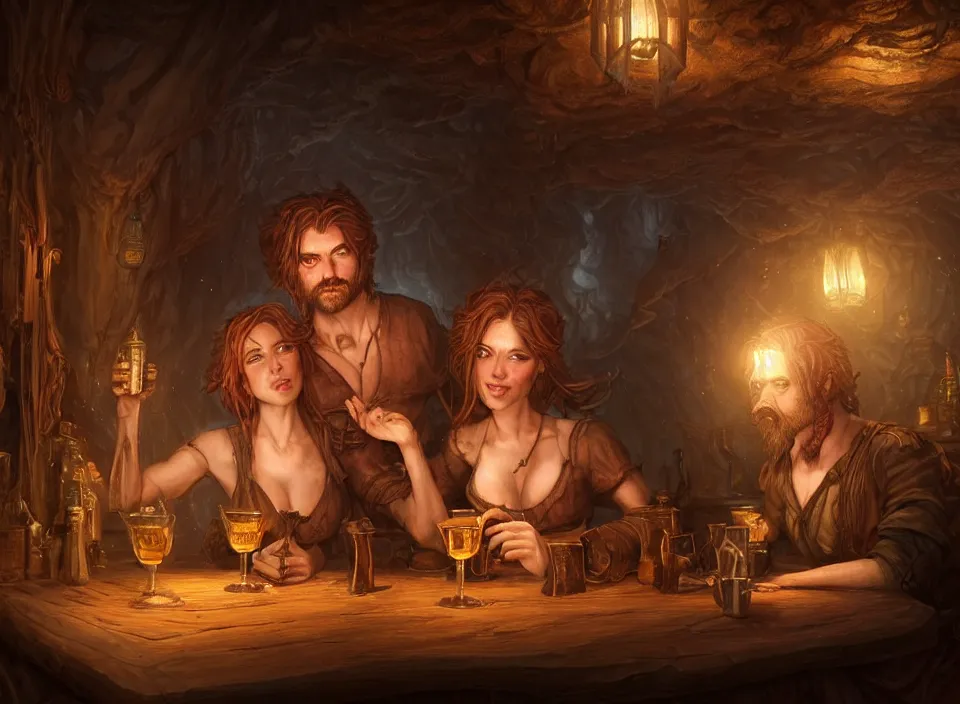 Prompt: a beautiful adventuring drinking couple, man and woman, dimly-lit cozy tavern, relaxed pose, fantasy art, detailed painterly digital art style by Julie Bell, d&d vibe, 🍸, 8k octane beautifully detailed render, post-processing, extremely hyperdetailed, intricate, epic composition, grim yet sparkling atmosphere, cinematic lighting + masterpiece, trending on artstation, very detailed, vibrant colors