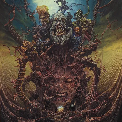 Prompt: realistic detailed image of zombies terrorizing a haunted mansion by Ayami Kojima, Amano, Karol Bak, Greg Hildebrandt, and Mark Brooks, Neo-Gothic, gothic, rich deep colors. Beksinski painting, part by Adrian Ghenie and Gerhard Richter. art by Takato Yamamoto. masterpiece