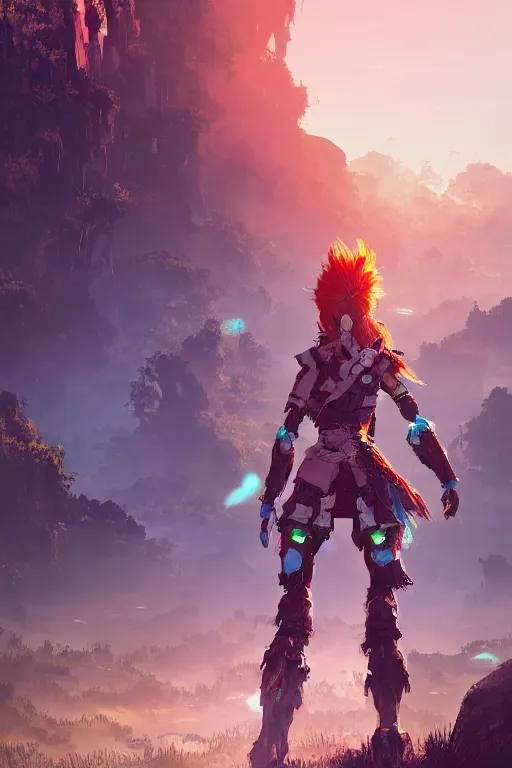 Image similar to combination suit armor aloy horizon forbidden west horizon zero dawn radiating a glowing aura global illumination ray tracing hdr fanart arstation by ian pesty and alena aenami artworks in 4 k tribal robot ninja mask helmet backpack