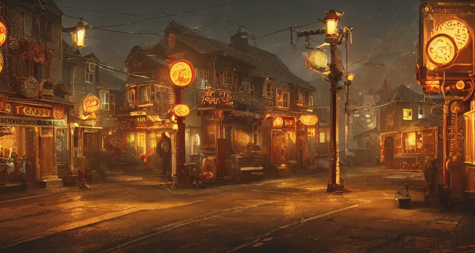 Image similar to a Village Street at night, a few streetlights, illuminated houses with fairy lights, neon signs, steam punk, highly detailed, octane render, trending on artstation