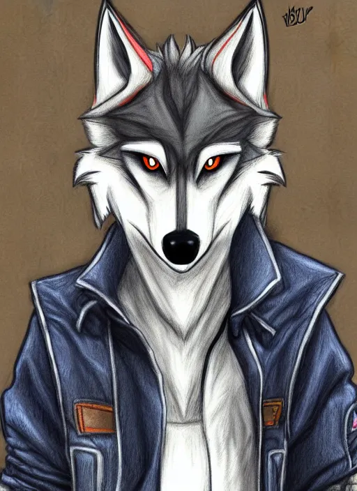 Image similar to expressive stylized master furry artist digital colored pencil painting full body portrait character study of the wolf ( sergal ) small head fursona animal person wearing clothes jacket and jeans by master furry artist blotch