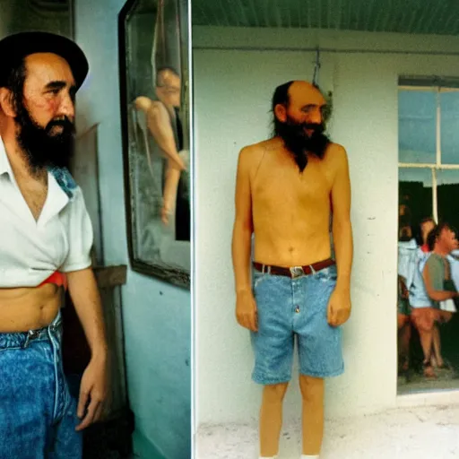 Image similar to fidel castro wearing denim shorts, full body portrait, 3 5 mm film, by nan goldin