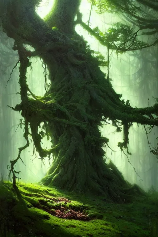 Image similar to great fat tree with a moss moustache in the woods by bayard wu, anna podedworna, gaston bussiere, greg rutkowski