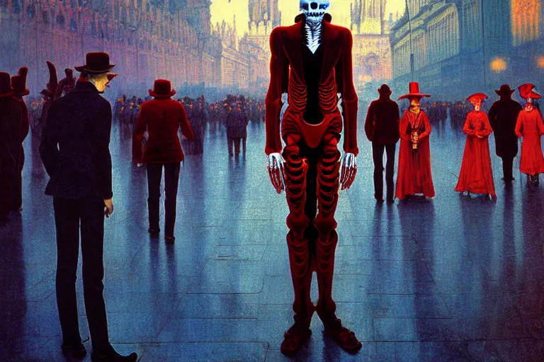 Image similar to realistic detailed photorealistic film portrait shot of a single skeleton wearing crimson velvet blazer in a crowded futuristic moscow street by Denis Villeneuve, Amano, Yves Tanguy, Alphonse Mucha, Ernst Haeckel, Andrei Tarkovsky, Edward Robert Hughes, Roger Dean, rich moody colours, wide angle, blue eyes