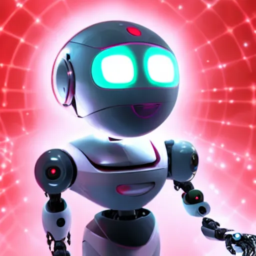 Prompt: A robot with glowing red eyes saying, “beep boop”