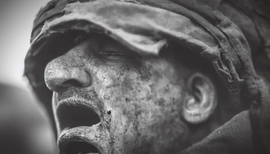 Prompt: World War 1 soldier screaming in anguish, close-up of face, wartorn landscape, dirty lens, shallow depth of field, cinematic lighting, IMAX, cinematography, 35mm
